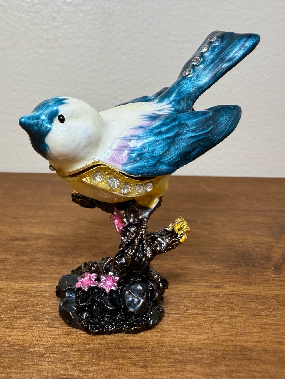 Bird Trinket Box Enameled Hinged Lid Jeweled Crystal Ring Pill Jewelry Small